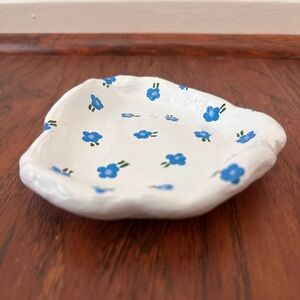 Handcrafted White Clay Sealed Jewelry/Trinket Dish with Blue Floral Design